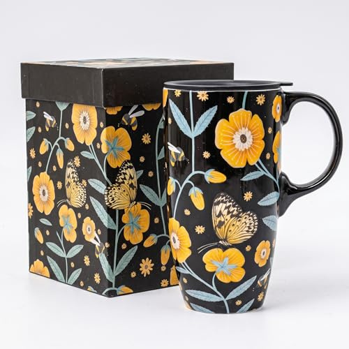 DUSVALLY Bi & fjäril keramisk mugg med lock, 47 ml blommig kaffemugg, stor tekopp med handtag, mikrovågsugn och diskmaskinsäker, presentförpackning ingår