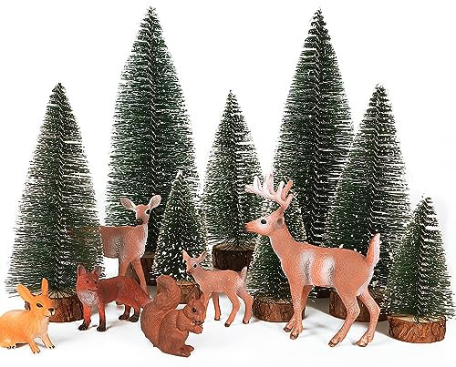14 Stück Weihnachten Mini Figuren Weihnachtsbaum Künstlich Ornament Miniatur Tannenbaum Hirsche Hase Fuchs Eichhörchen Rentier Klein Weihnachtsfiguren Weihnachtsschmuck zum Basteln Xmas