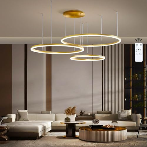 LIUYU Pendelleuchte 3 Ringe Gold dimmbar 40/60/80cm 106W | LED Pendelleuchte, 3 Ringe, gleichmäßiges Licht. Farbtemp. & Höhe (150 cm) einstellbar, Memory, Alu-Acryl