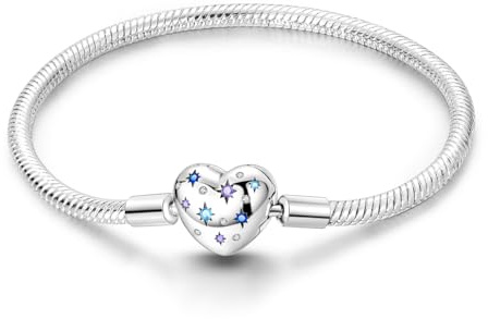 Charm Bracelet for Women Sterling Silver, Heart Clasp Snake Chain Bracelet Travel Charm Moments European Bracelet Jewelry Compatible with Pandora Charms, Gift for Her