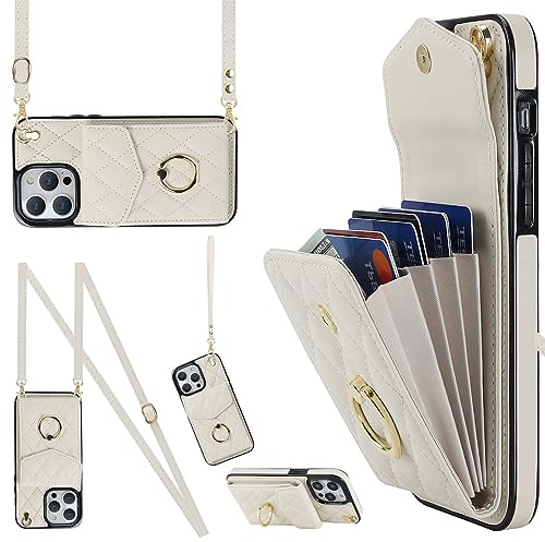 Ykerey Hülle für iPhone 15 hülle mit Band Kette Schutzhülle mit Kartenfach PU Leder Metall Ring Halter RFID Standfunktion Brieftasche Cover für iPhone 15, Beige