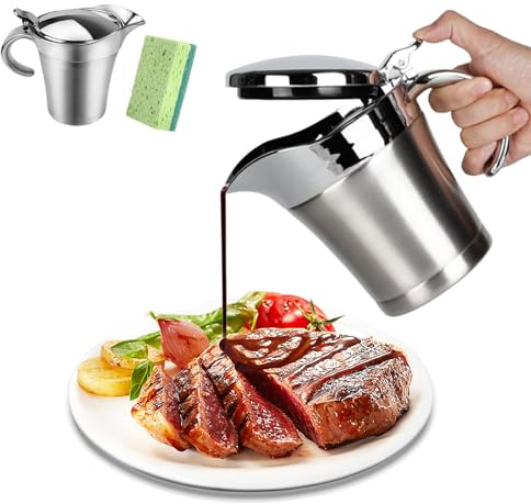 Esoes Gravy Boat, 304 Stainless Steel Gravy Boat Jug with Lid, 500ml Double Wall Insulated Sauce Jug Serving Jug Bucket for Gravy, Milk, Cream, Sauce, Custard, LW2818-500ml