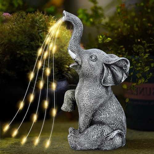 Contraxump Elephant Statue Garden Decoration Watering Elephant Figure Solar Powered LED Lights, Outdoor Garden Ornaments Waterproof Animal Figurine for Patio Yard Lawn