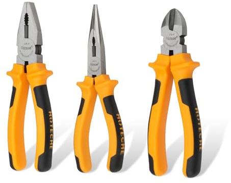 Hoteche Juego de alicates con juego de 3 piezas – alicates combinados de 160 mm, cortador lateral de 180 mm, alicates de punta de 160 mm, mango ergonómico amarillo y negro, juego de herramientas de