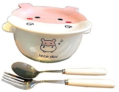KOHARA Bols à Ramen en céramique, Bols à Soupe, Bol Polyvalent Bol à Ramen en céramique avec Couvercle Fourchette Cuillère Micro-Ondes Lave-Vaisselle Vaisselle Bol de Service Grand (Cou