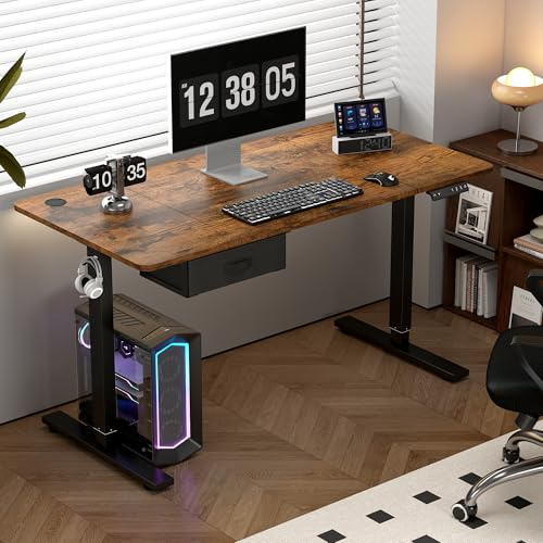 mcc direct Electric Standing Desk, Sit Stand Table, Height Adjustable Electric Standing Computer Desk with Desk Drawer for Home Office(120 X 60 cm, Brown)-Easton