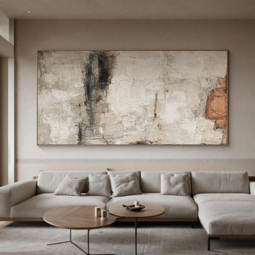 Großes vertikales Öl- und Acrylgemälde auf Leinwand, minimalistische abstrakte Wandkunst in Beige und Schwarz, minimalistisches beiges Gemälde auf Leinwand, 70 x 140 cm (28 x 56 Zoll) mit Rahmen
