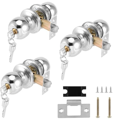 MAKTSAM Set of 3 Door Knobs Lock with Key, 25-45mm Stainless Steel Room Spherical Door Locks Indoor, Silver Spherical Locks for Home, Office, Workplace
