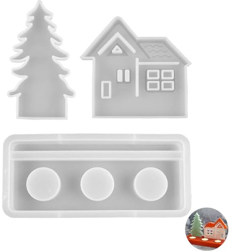 3 Piezas Molde de Silicona para Casas, Moldes Silicona Arbol Molde de Silicona para Casa con Base Moldes para Fundición Moldes de Silicona Navideños para Manualidades, Regalos DIY