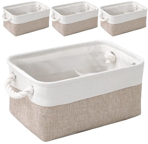 Oungy Lot de 4 paniers de rangement en tissu - 38 x 26 x 17 cm - Avec poignées en corde - Panier de rangement - Organisateur d'armoire - Pour pantalons, t-shirts, pulls - Blanc kaki