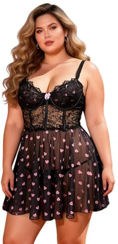 comeondear Spets/PU-läder babydoll med bygel sexig klänning erotisk dam stor storlek stygga underkläder heta genomskinliga nattlinne babydoll nät rygglös nattlinne med G-string, svart, XL