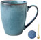 KOPYFANTAP Taza de Café de Gres con Asa, Tazón de Capuchino de Cerámica con Cuchara y Posavasos para Té Leche Chocolate, Azul, 450 ML