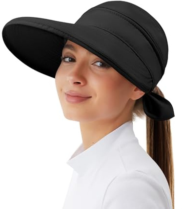 Kiiwah Solhatt för kvinnor, sommar, 2 i 1, anti-UV, capeline, bred kant, vikbar, för strand, resor, vandring, camping (svart/grå grön/beige), svart, One size