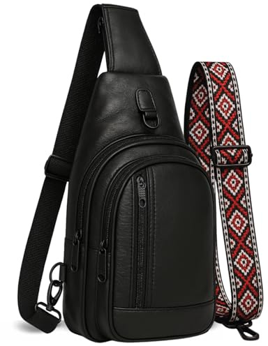 Genuine Leather Sling Bag for Men With Additional Strap - Black Sling Purse, Hiking Backpack Shoulder Bag, Chest Bag- Leather Crossbody Bags for Men, Cross body bags - Bandolera Para Mujer