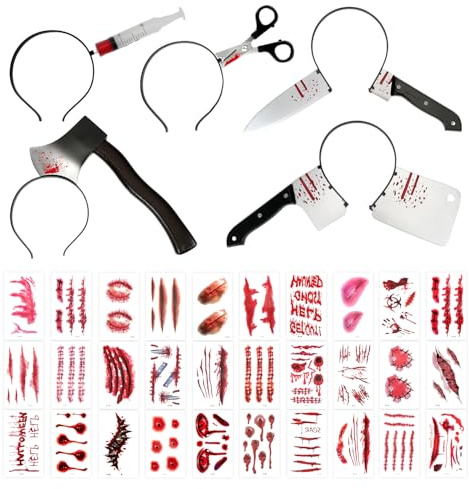 Augesak 5 Stück Halloween Horror Haarreif Set + 30 Stück Blut Tattoo, Halloween Accessoires, Haarreif Messer Schere Spritze im Kopf, Kostüm Accessoire für Halloween Karneval Cosplay