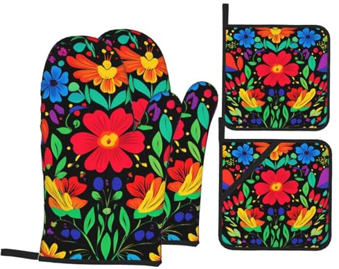 Colorful Floral Mexican Style Oven Mitts and Potholders,Kitchen Oven Glove with Pot Holders,High Heat Resistant 500 Degree Non-Slip Gloves for BBQ, Grill, Baking, Cooking, Oven, Microwave