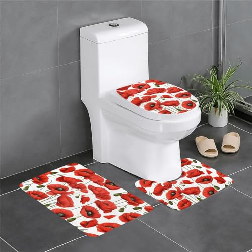 Alfombra De Baño De 3 Piezas Flower De Amapola Roja Juego De Alfombrillas De Baño por Encargo Imprimir Alfombras De Cama, para Bathroom, Cocina, Dormitorio