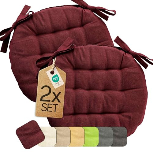 etérea 2er Set Sitzkissen Outdoor 38x38 Rund mit Bändern - Stuhlkissen Bordeaux für Gartenstuhl & Innenbereich - waschbare Sitzauflagen Gartenmöbel - 2 Stück Kissen 38x38 cm - Bordeaux