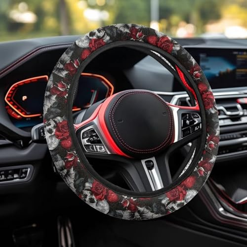 Wanyint Lenkradbezug mit Totenkopf-Motiv, Fledermaus-Rose, für Auto, SUV, LKW, Van, universal, 38,1 cm, Auto-Zubehör, Halloween-Dekoration, Innenzubehör für Damen und Herren