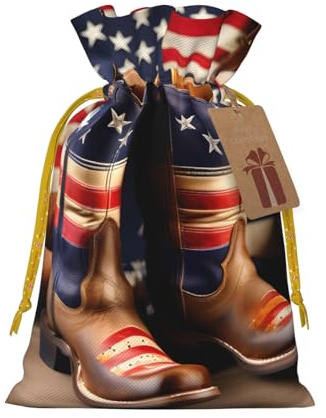 Longzehao Bolsas de regalo con cordón de Navidad con estampado de botas de vaquero con bandera estadounidense, bolsa de regalo para Navidad, vacaciones, fiesta de cumpleaños
