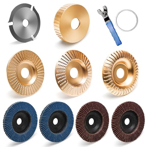 9Pcs Angle Grinder Wood Carving Disc Set, Windspeed Angle Grinder Carving Disc Set Include 4 Wood Shaping Grinding Disc 4 Sanding Wheels 1 Speedcutter 1 Grinder Wrench