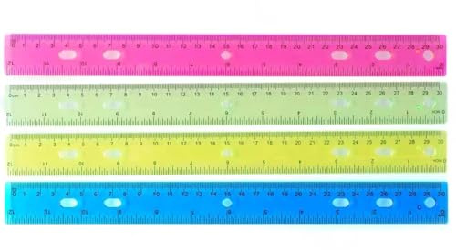 Lot de 4 règles en plastique - Jaune, rouge, bleu, vert, 30 cm - Règle de précision flexible - Pour l'école, le bureau, la maison (couleur claire)