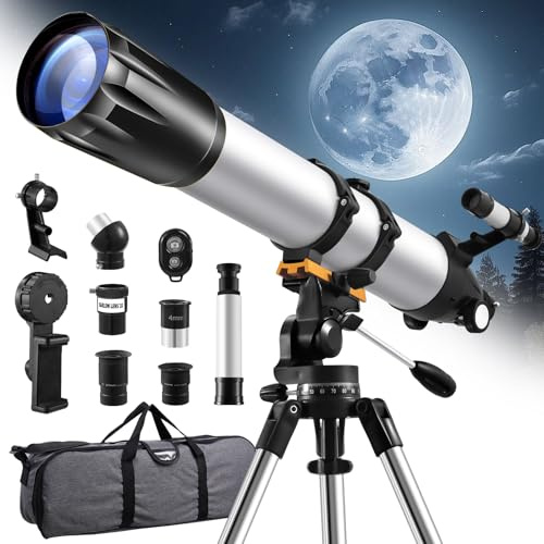 Teleskop, Yelyee 90mm Astronomie Teleskop für Erwachsene & Kinder, 900mm Focal Length Professionelles Teleskop mit Stativ & Smartphone Adapter für Mond, Sterne, Himmelsbeobachtung