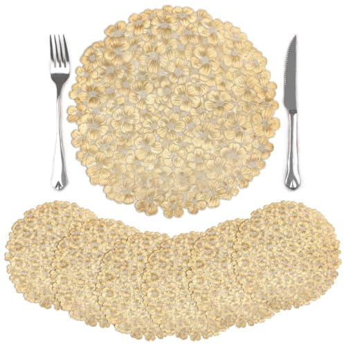 comfoyar Tischsets Gold Rund Blumen 6er Set, 38cm rutschfeste Vinyl Metallische Blume Platzsets Abwaschbar, wasserdichte Platzdeckchen für Innenbereich, Küche, Esszimmer Partytisch Dekoration