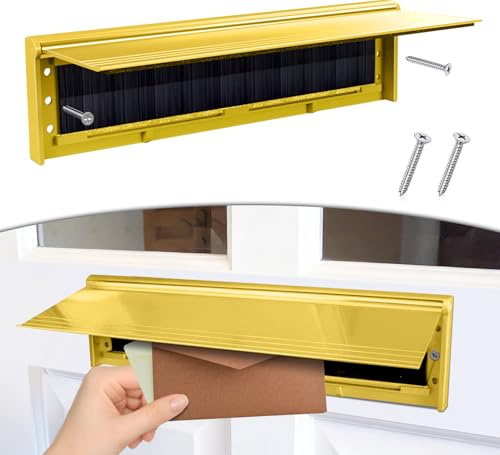 Door Letter Box Flap, 11.5’’ Letter Box Cover with Brush & Flap for Internal or External, Metal Letterbox Draught Excluder Suitable for UPVC Composite Wooden Doors, Gold