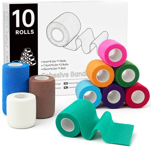 Rokehr Bandage Autoadhésif, 10 Rouleaux Bande Cohesive, Bande Strapping Adhésif pour Les Humains et Les Animaux, Elastique Bandage pour Doigt, Poignet, Cheville (Couleur)