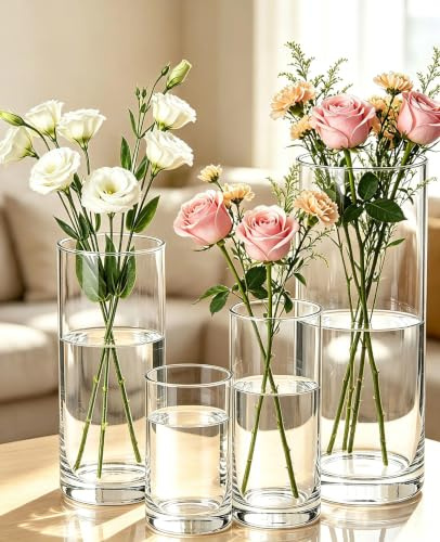 Glasvase Set, 4 Stück, Zylindrische Form, Transparent, für Rosen und Tulpen, Moderne Tischdekoration, Blumenvase für Hochzeit und Wohnzimmer (10, 15, 20, 25 cm, 4 Stück)