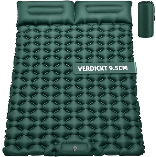 Liggunderlag camping för 2 personer 9,5 cm förtjockad, 204 x 130 cm luftmadrass dubbel luftmatta uppblåsbar madrass med kudde utomhus vattentät campingmatta sovmatta för strand, tält, vandring