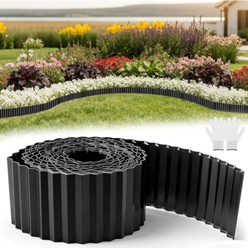 wowspeed Black Metal Garden Edging Border 1PCS, 10m/32.8ft Flexible Lawn Edging for Flower Beds Plants, Patio Landscaping Pathway Borders Strip, No Digging DIY Landscape Border, Gloves Included