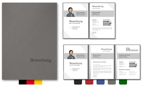 5 Stück 4-teilige Bewerbungsmappen BL-exclusivdruck® MEGA-plus in Steingrau - Premium-Qualität mit edler Relief-Prägung 'Bewerbung' - Produkt-Design von 'Mario Lemani'