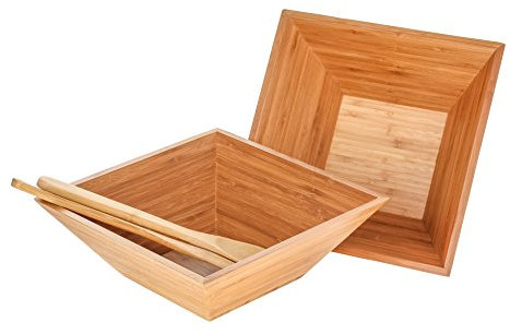 Heim Concept - Ensaladera de bambú (4 unidades, con manos para servir, 2 cuencos cuadrados y un par de servidores de ensalada ecológicos, sin BPA