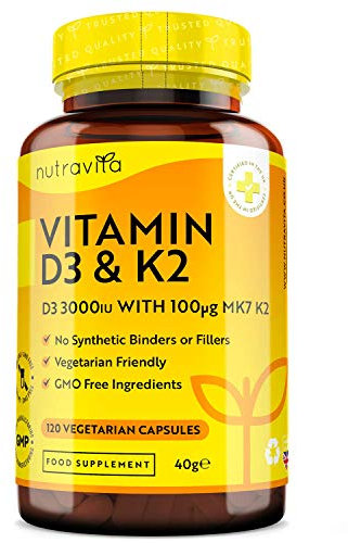 Nutravita Vitamin D3 3000iu & K2 100ug (MK7) – 120 Vitamin D3 K2 Vegetarian Capsules – Supports Normal Bones, Muscles, Teeth and Immune System – Cholecalciferol & Menaquinone-7
