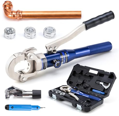 IBOSAD Copper Tube Fittings Hydraulic Pipe Crimping Tool with 1/2,3/4 and 1 Jaw Copper Pipe Press Crimper Pressing Pliers, with Pipe Cutter