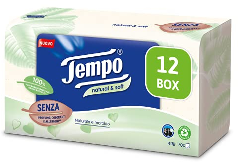 Tempo Tempo Tissue Packs of Natural & Soft Paper, 4 Ply, Machine Resistant, Natural Soft Tissues - Fragrance, Dyes and Allergens Free, 12 Packs of 70 Disposable Tissues