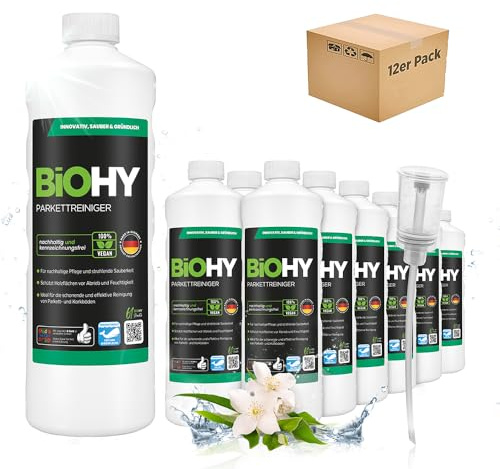 BiOHY Parkettreiniger (12 x 1 Liter) + Dosierer | Konzentrat für versiegeltes & geöltes Parkett | materialschonend & schmutzlösend | für eine streifenfreie Reinigung | 2 in 1 Pflege & Reinigungsmittel
