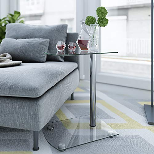 BELIWIN Small Side Table, Glass Sofa Side Table with Metal Frame, Modern C Shaped End Table for Living room and Small Spaces