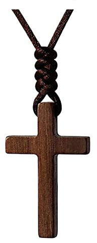 HISGOAT Simple Wooden Cross Pendant Necklace for Boys Girls Men Women Kids Children Walnut Wood Carved Text (No Text)