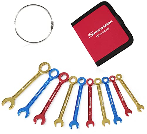 SPEEDWOX 10 Pcs Color Plated Open and Box End Mini Wrenches Color Coated Midget Wrench Set Mini Combination Wrench Set SAE with Portable Pouch and Large Ring（5/32-7/16）