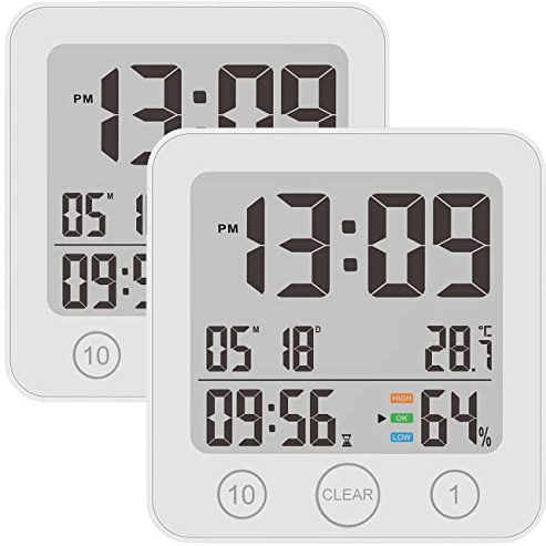 infactory Badezimmeruhr zum Hängen: 2er-Set Badezimmer-Uhr, Thermo-/Hygrometer, LCD, Saugnapf, Timer, IP54 (Badezimmeruhr mit Hygrometer, zum Aufhängen, WC)