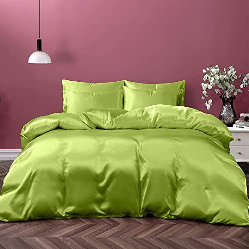 Cloud Fino Silk Satin Bed Linen Set, Super Queen, Deep Pocket, Sage, 4pcs Including Fitted Sheet & Duvet Cover