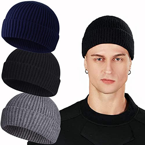 ROYBENS Swag Wool Knit Cuff Short Fisherman Beanie for Men Women, Winter Warm Hats, 3PCS