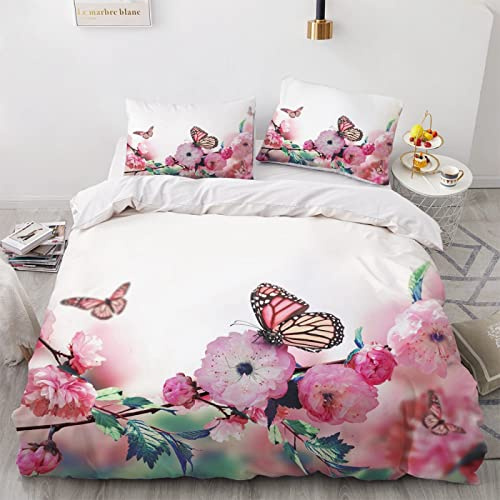 Double Duvet Set Pink Begonia Butterfly Double Bed Duvet Cover Set for Children Aldult with Zipper Closure Breathable Hypoallergenic Microfiber Quilt Cover 78.7x 78.7 + 2 Pillowcases 19.7x 29.5