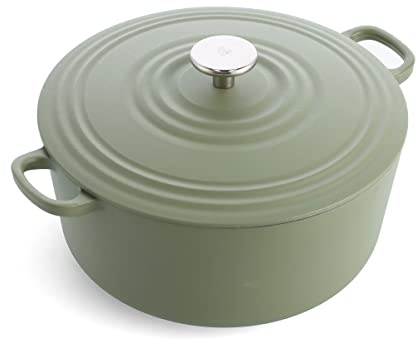 BK Bourgogne Fonte Émaillée Allemande, 28 cm/6,7 litres Cocotte avec couvercle, Dutch Oven, Rôtissoire, Marmite à feu, Induction, Lavable au lave-vaisselle, Résistant au four jusqu'à 220°C, Vert Olive