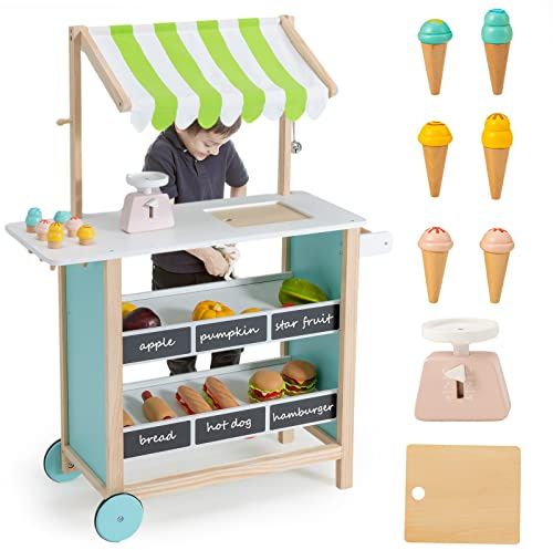 INFANS Wooden Grocery Store Marketplace Toy, Supermarket Pretend Play, Extra Storage 6 Ice Creams Scales Bells Chalkboards, Fun Indoor Farmer's Market Stand Set Gift for Ages 3+