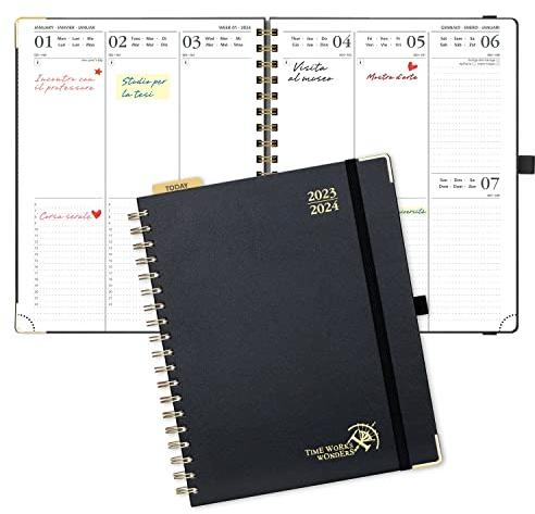 POPRUN Premium Kalender 2023 2024 Wochenplaner 25,5 x 21,5 cm, 17-Monate-Terminplaner Ringbuch (Aug.2023-Dez.2024), Planer Hardcover mit Plastiklineal, FSC®-Zertifiziertem Papier - Schwarz