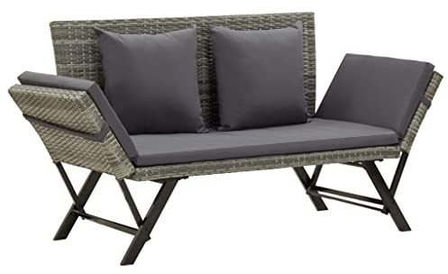 Hommdiy Gartenbank mit Auflagen Sonnenliege Sitzbank Bank Gartenliege Liege Gartenmöbel Balkonbank Parkbank Terrasse 176 cm Grau Poly Rattan